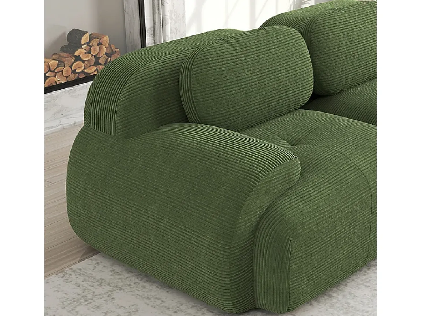 Sofá angular modular 2 lugares - de Veludo cotelê - com 2 almofadas e puff - ergonómico - 208x178x75cm - Verde