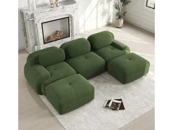 Sofá angular modular 3 lugares - de Veludo cotelê - com 3 almofadas e 2 puffs - 298x178x75cm - Verde