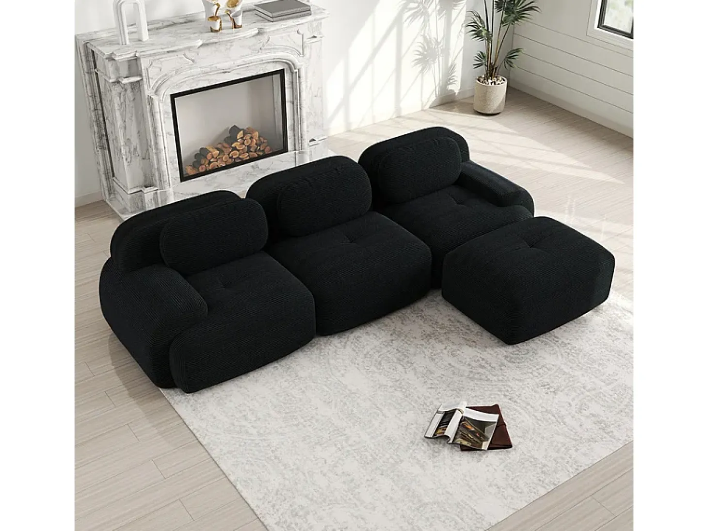 Sofá angular modular 3 lugares - de Veludo cotelê - com 3 almofadas e puff - 298x178x75cm - Preto