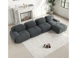 Sofá angular modular 4 lugares - de Veludo cotelê - com 4 almofadas e puff - 388x178x75cm - Cinza