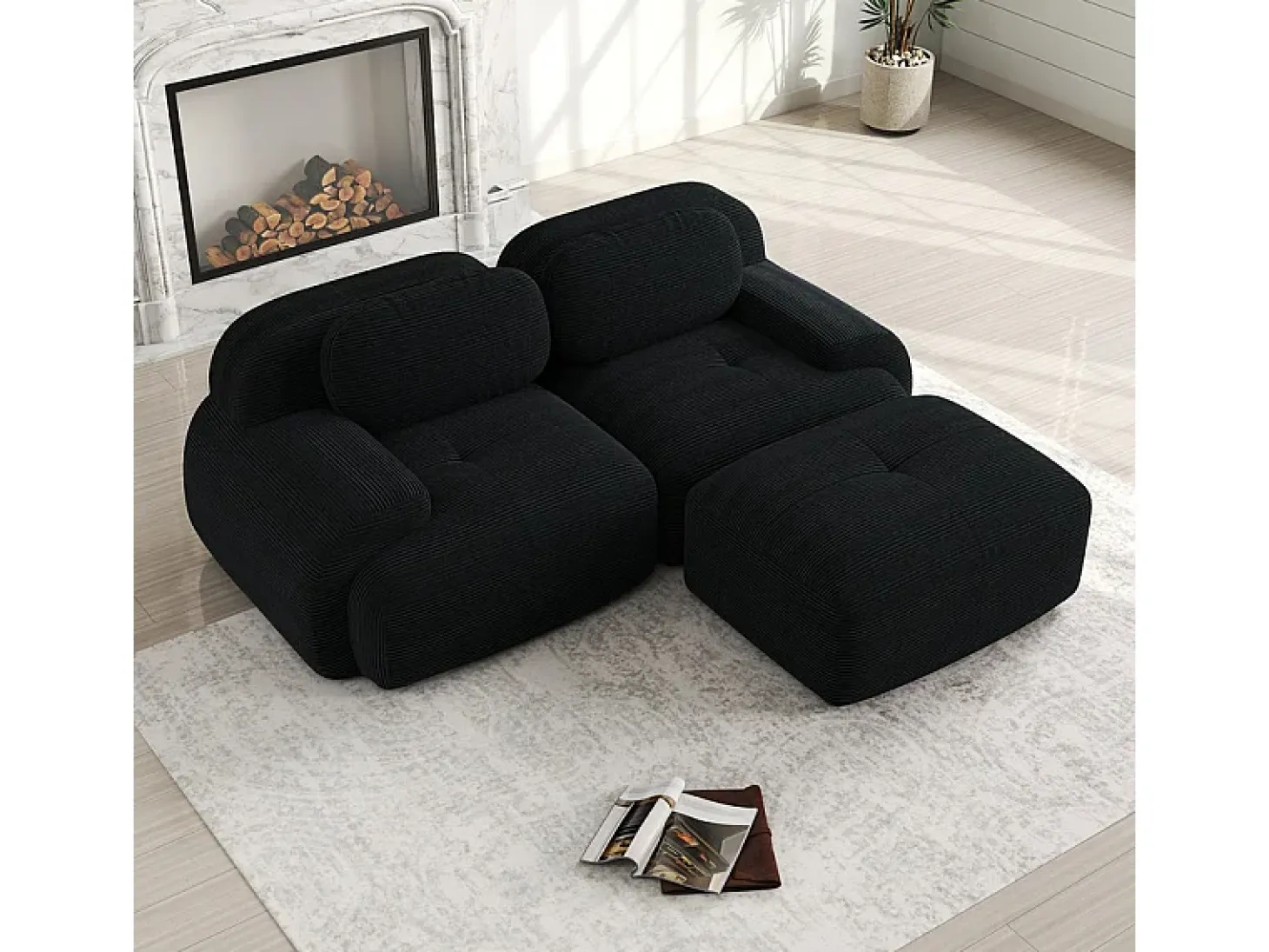 Sofá angular modular 2 lugares - de Veludo cotelê - com 2 almofadas e puff - ergonómico - 208x178x75cm - Preto