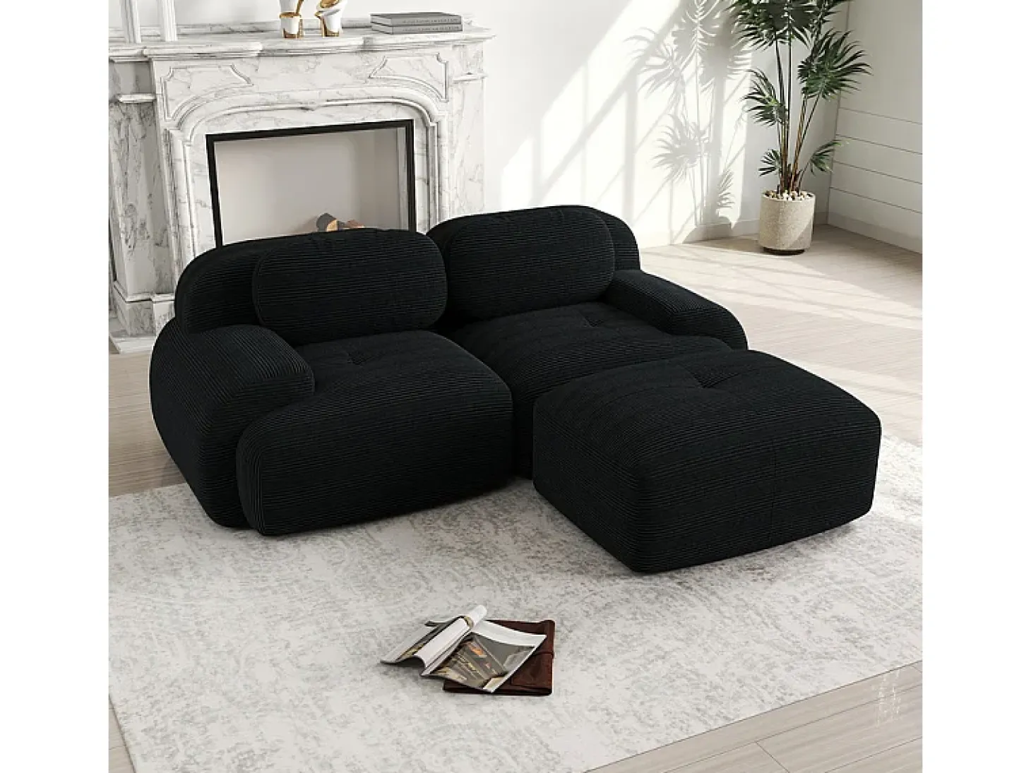 Sofá angular modular 2 lugares - de Veludo cotelê - com 2 almofadas e puff - ergonómico - 208x178x75cm - Preto