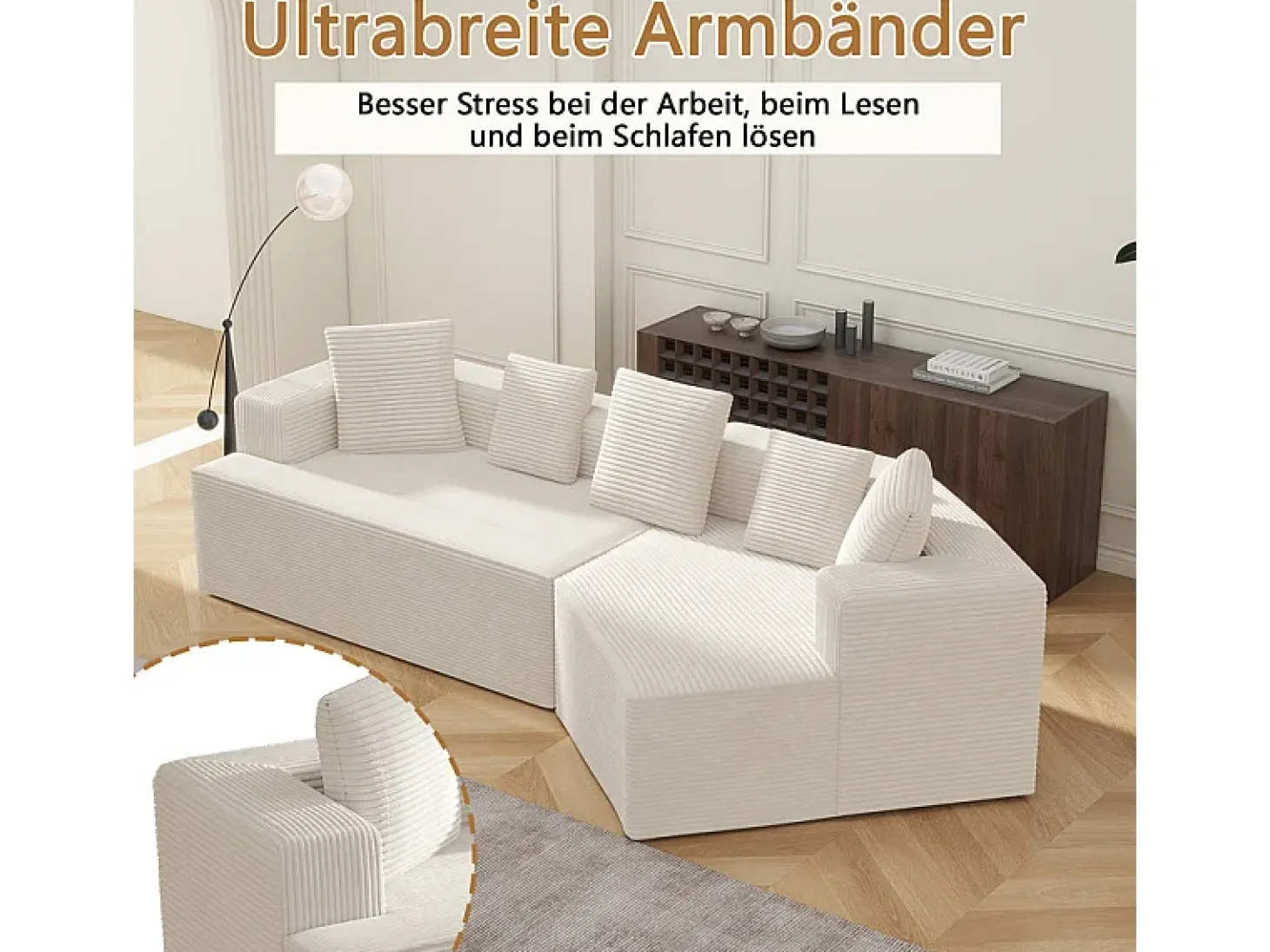 Sofá angular reto modular 307cm - de Veludo de canelura larga - 3 lugares - com 5 almofadas - Branco