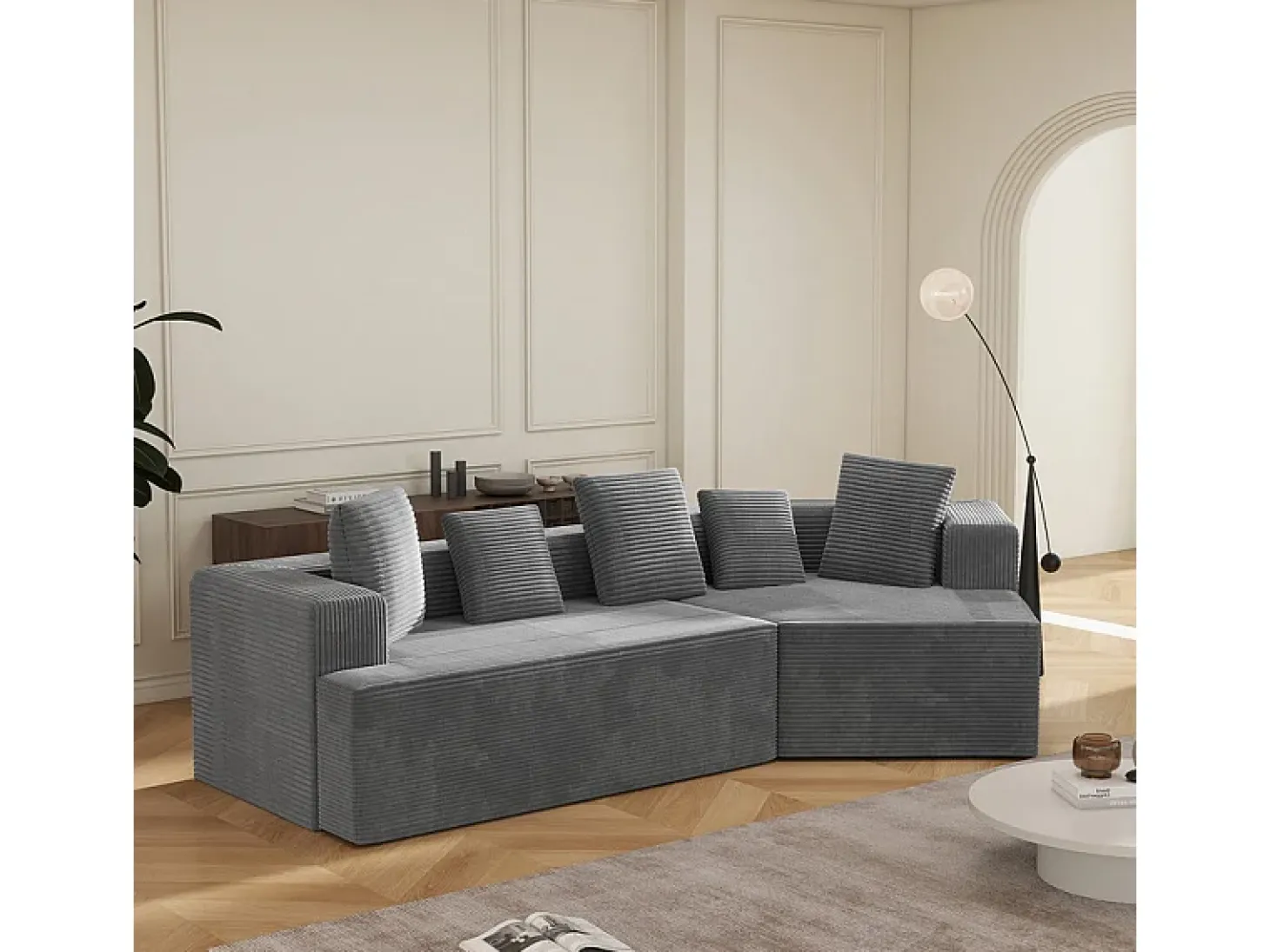 Sofá angular reto modular 307cm - de Veludo de canelura larga - 3 lugares - com 5 almofadas - Cinza