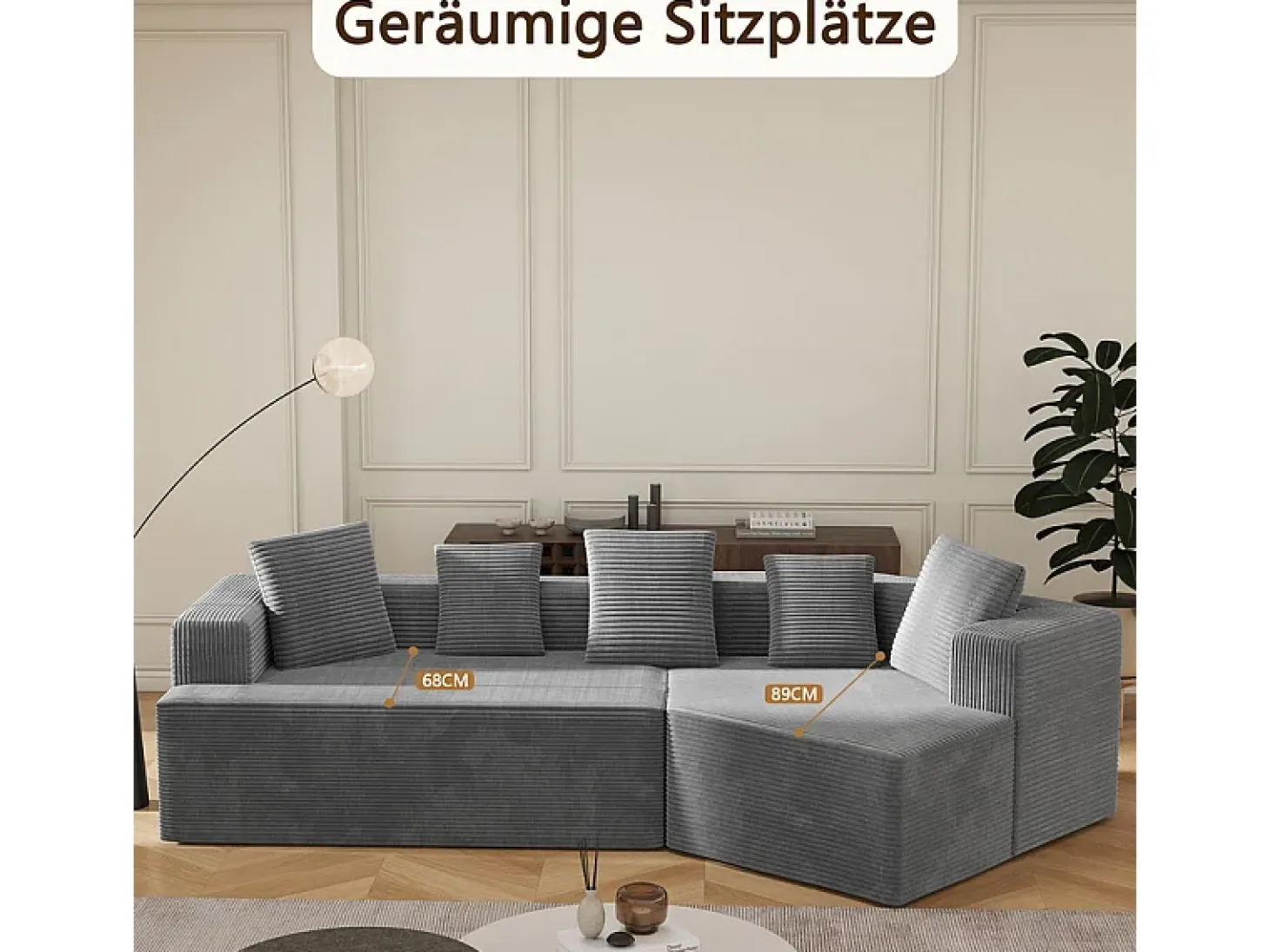 Sofá angular reto modular 307cm - de Veludo de canelura larga - 3 lugares - com 5 almofadas - Cinza