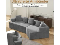 Sofá angular reto modular 307cm - de Veludo de canelura larga - 3 lugares - com 5 almofadas - Cinza