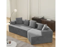 Sofá angular reto modular 307cm - de Veludo de canelura larga - 3 lugares - com 5 almofadas - Cinza