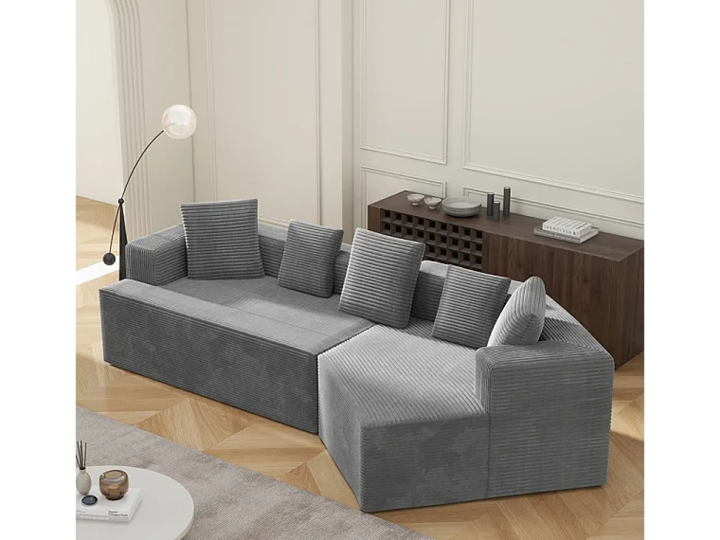 Sofá angular reto modular 307cm - de Veludo de canelura larga - 3 lugares - com 5 almofadas - Cinza