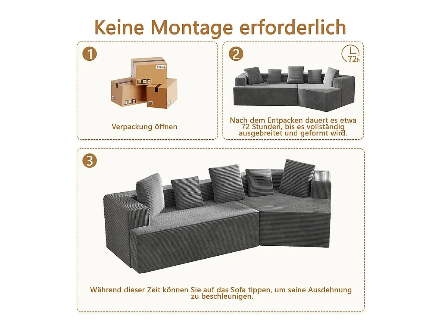 Sofá angular reto modular 307cm - de Veludo de canelura larga - 3 lugares - com 5 almofadas - Cinza