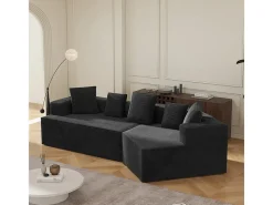 Sofá angular reto modular 307cm - de Veludo de canelura larga - 3 lugares - com 5 almofadas - Preto