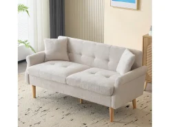 Sofá bege de 2 lugares, tecido chenille, pernas em madeira, 162x74x77cm