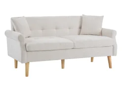 Sofá bege de 2 lugares, tecido chenille, pernas em madeira, 162x74x77cm