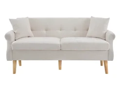 Sofá bege de 2 lugares, tecido chenille, pernas em madeira, 162x74x77cm