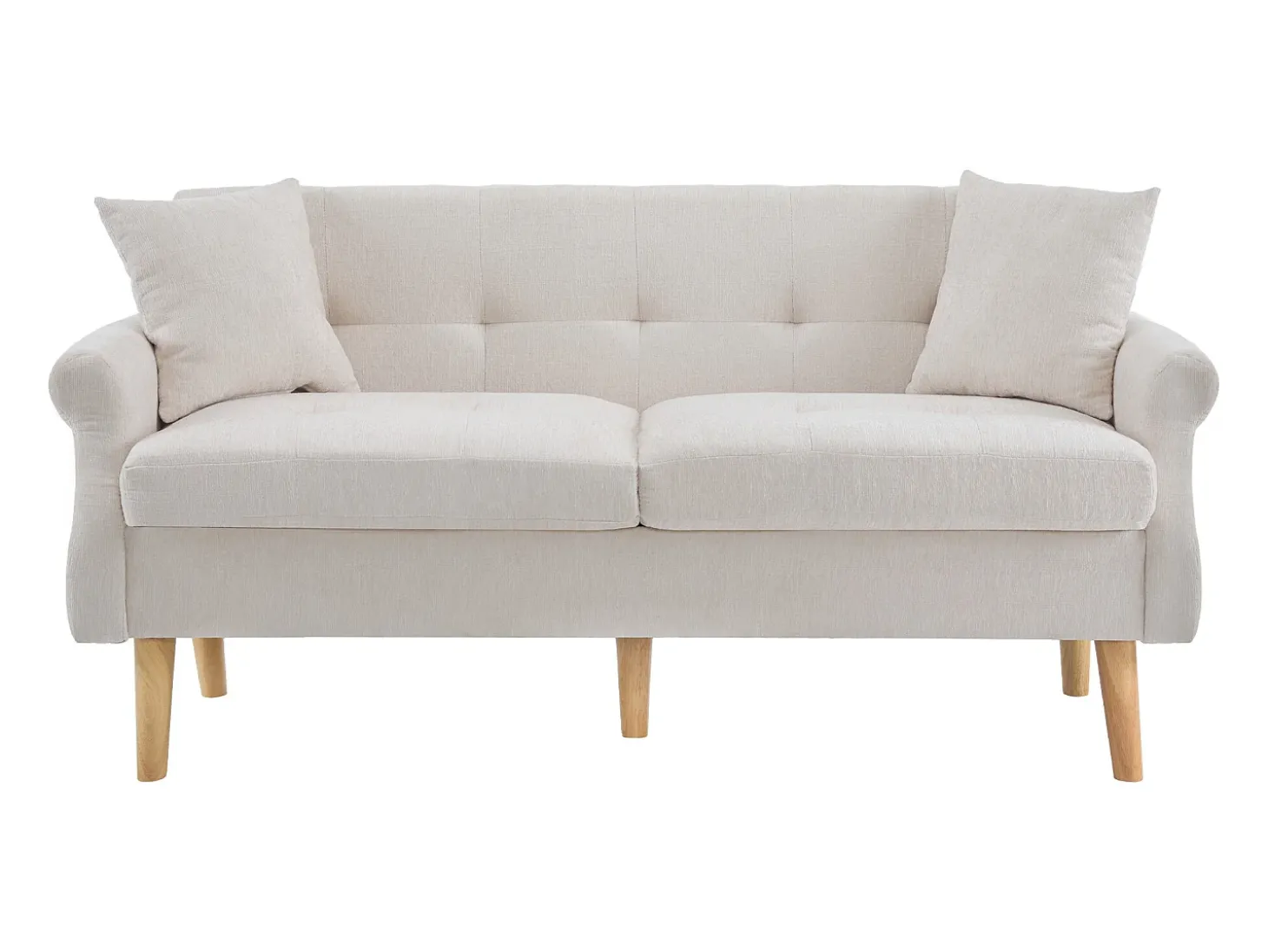 Sofá bege de 2 lugares, tecido chenille, pernas em madeira, 162x74x77cm