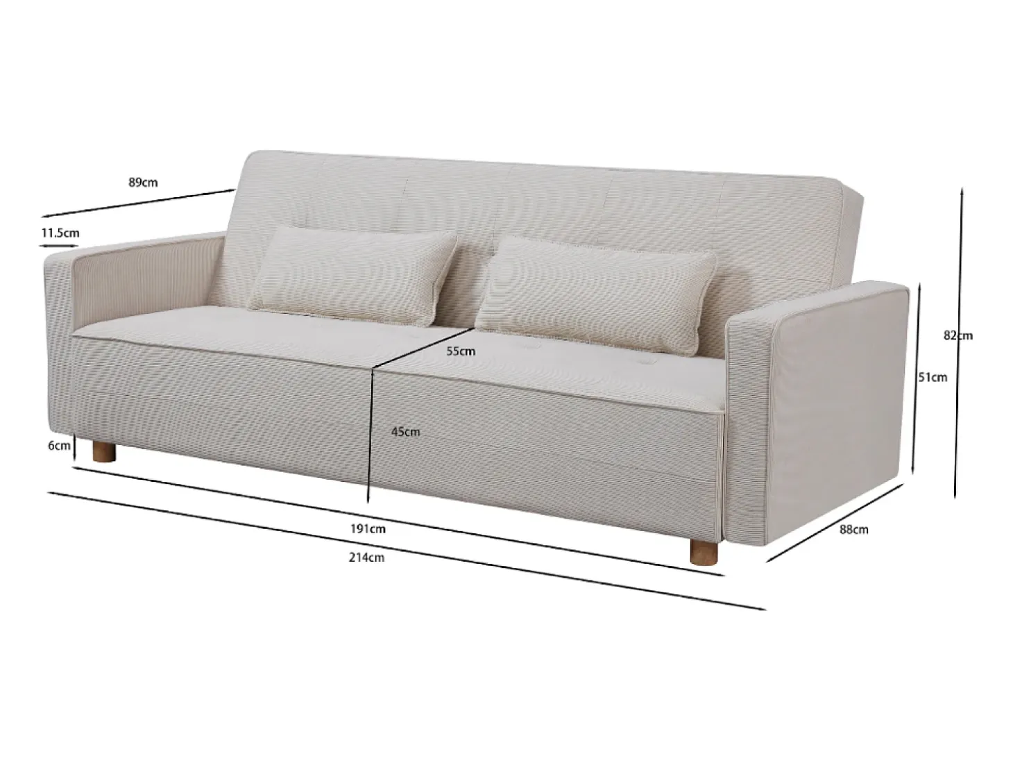 Sofá Cama Conversível 3 Lugares Veludo Cotelê Bege Copenhaga Escandinavo Confortável e Prático
