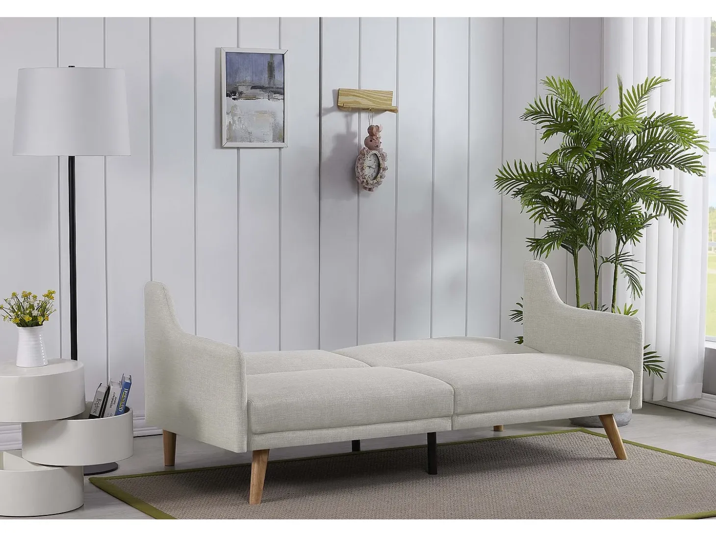 Sofá Cama Conversível Escandinavo Cinza Claro ESTER - Design Moderno, Conversível, 3 Lugares, Madeira Maciça, Fácil de Manter