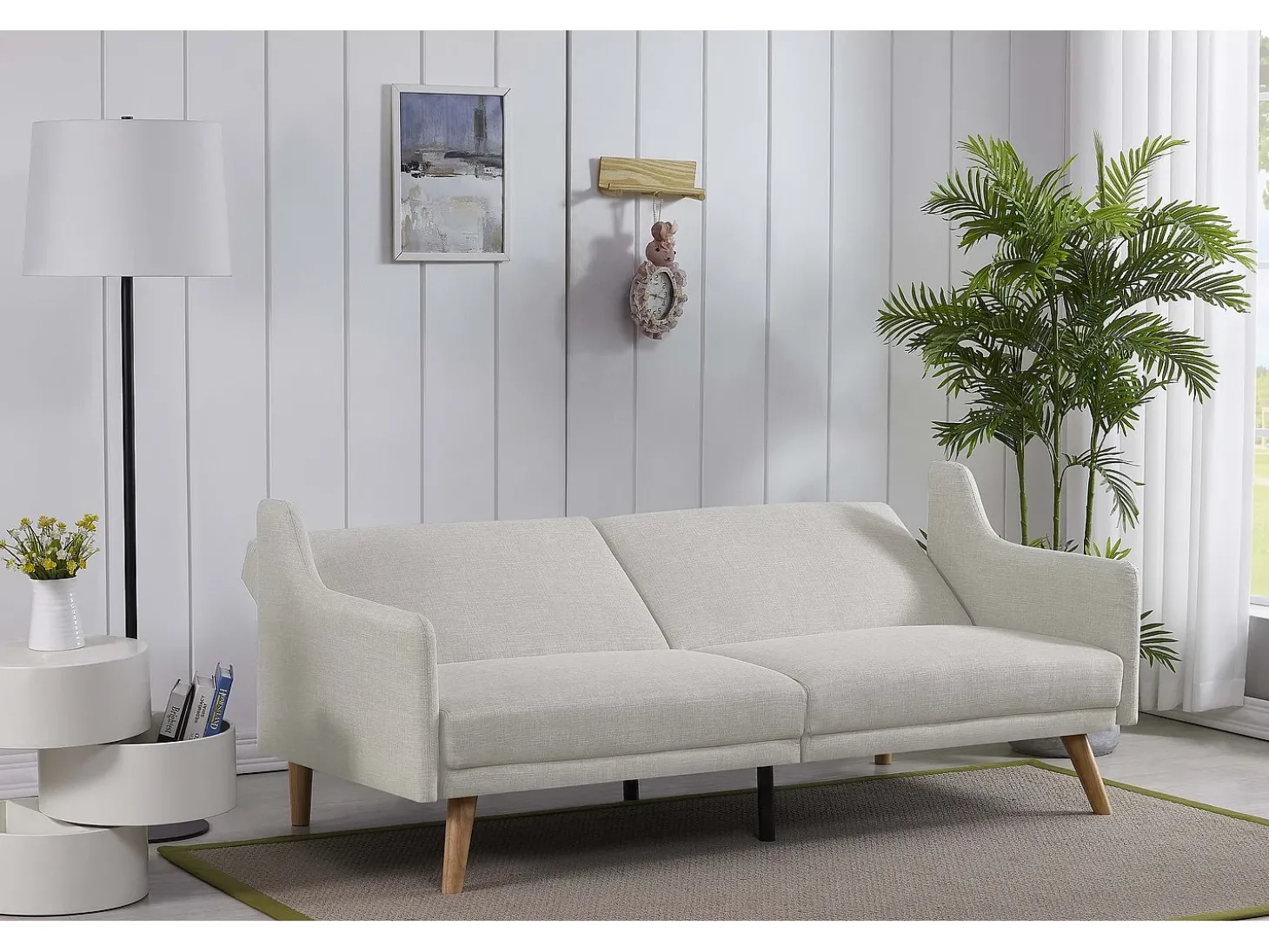 Sofá Cama Conversível Escandinavo Cinza Claro ESTER - Design Moderno, Conversível, 3 Lugares, Madeira Maciça, Fácil de Manter