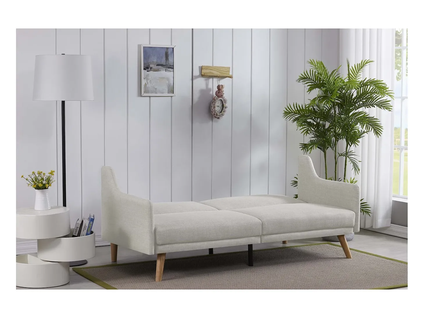 Sofá Cama Conversível Escandinavo Cinza Claro ESTER - Design Moderno, Conversível, 3 Lugares, Madeira Maciça, Fácil de Manter