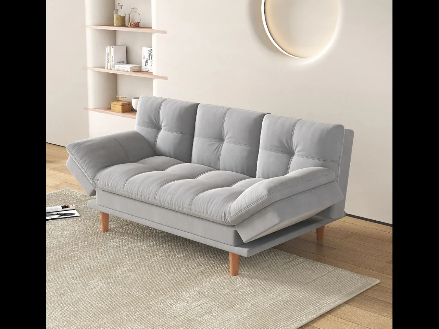 Sofá Cama Modular 3 Lugares Tecido Cinza Claro Kalmar Escandinavo Moderno