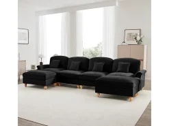 Sofá Cantinho Modular 4 Lugares em U - Chenille - Capa Removível e 2 Pufs - 350x140x93cm - Preto