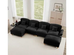 Sofá Cantinho Modular 4 Lugares em U - Chenille - Capa Removível e 2 Pufs - 350x140x93cm - Preto