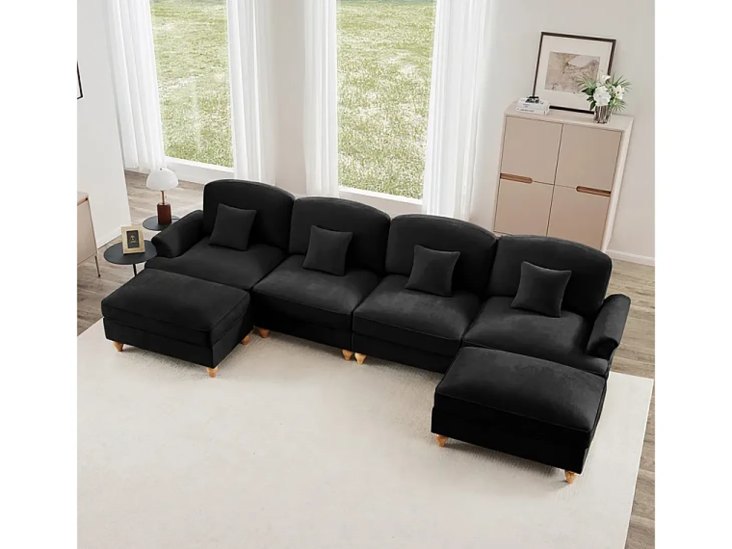 Sofá Cantinho Modular 4 Lugares em U - Chenille - Capa Removível e 2 Pufs - 350x140x93cm - Preto