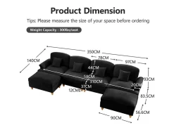 Sofá Cantinho Modular 4 Lugares em U - Chenille - Capa Removível e 2 Pufs - 350x140x93cm - Preto