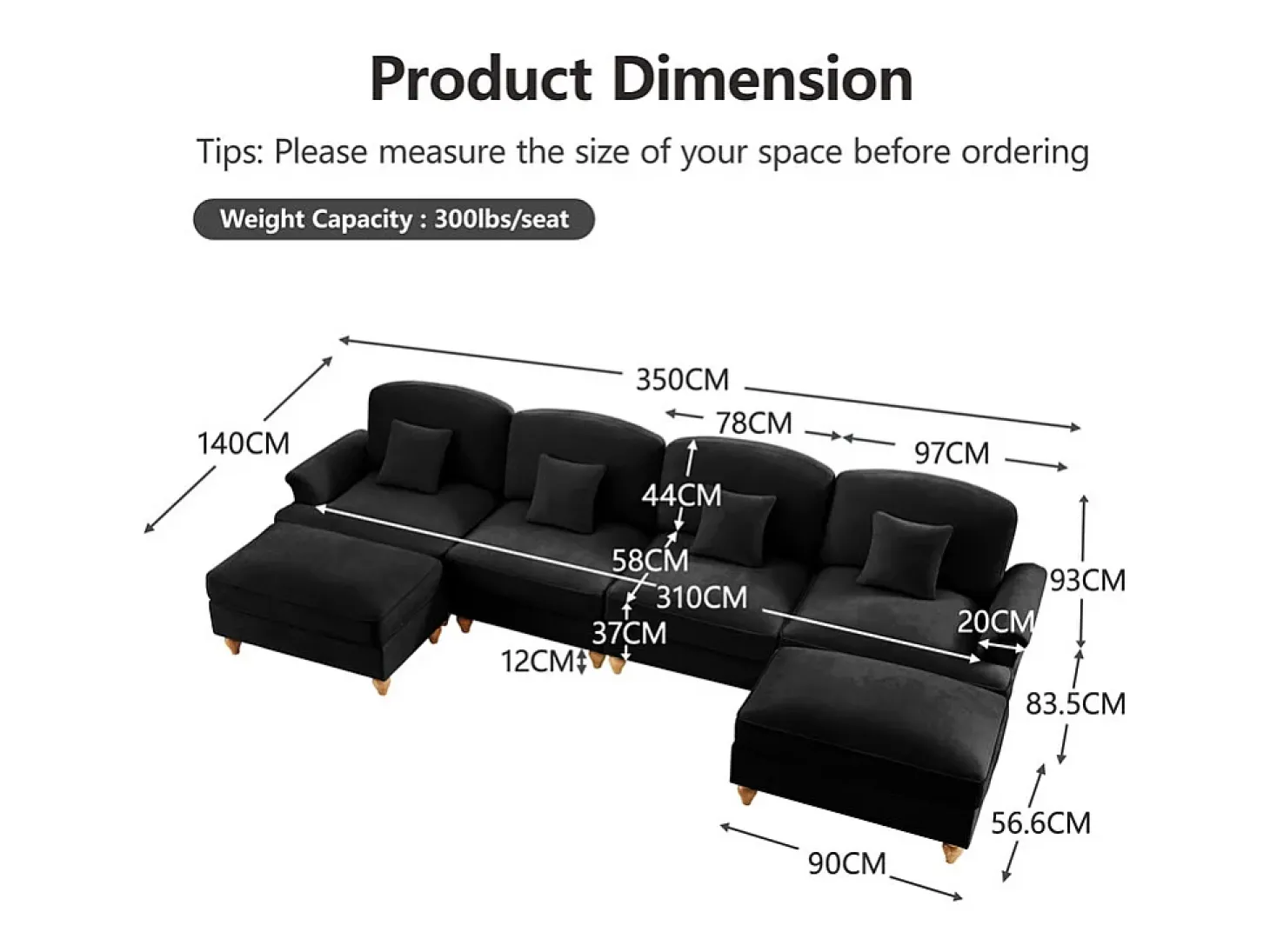 Sofá Cantinho Modular 4 Lugares em U - Chenille - Capa Removível e 2 Pufs - 350x140x93cm - Preto
