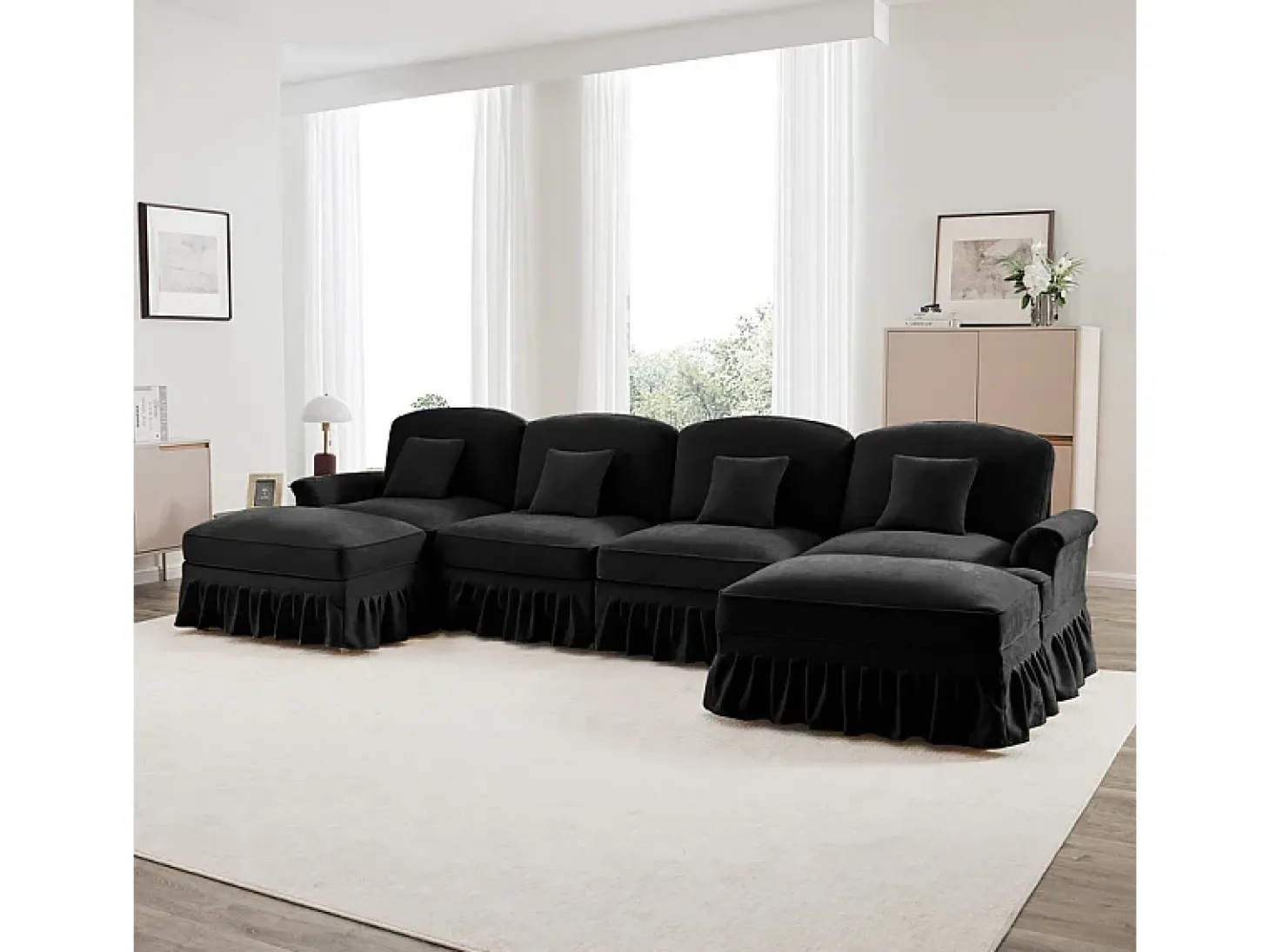 Sofá Cantinho Modular 4 Lugares em U - Chenille - Capa Removível e 2 Pufs - 350x140x93cm - Preto