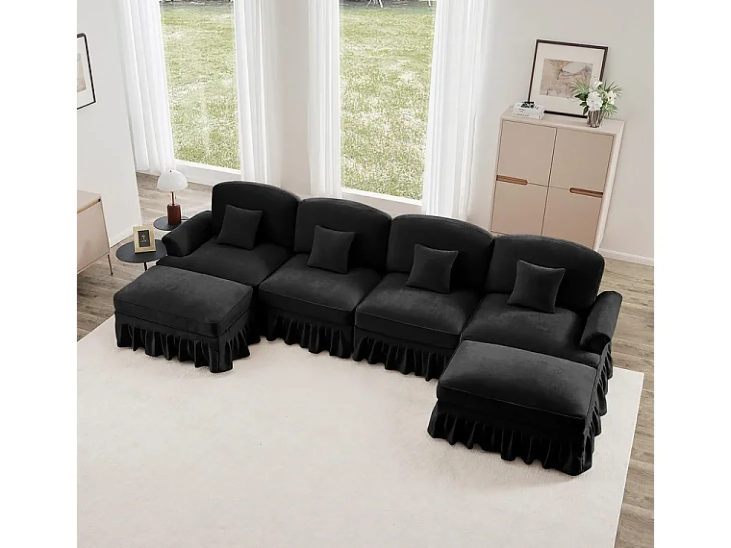 Sofá Cantinho Modular 4 Lugares em U - Chenille - Capa Removível e 2 Pufs - 350x140x93cm - Preto