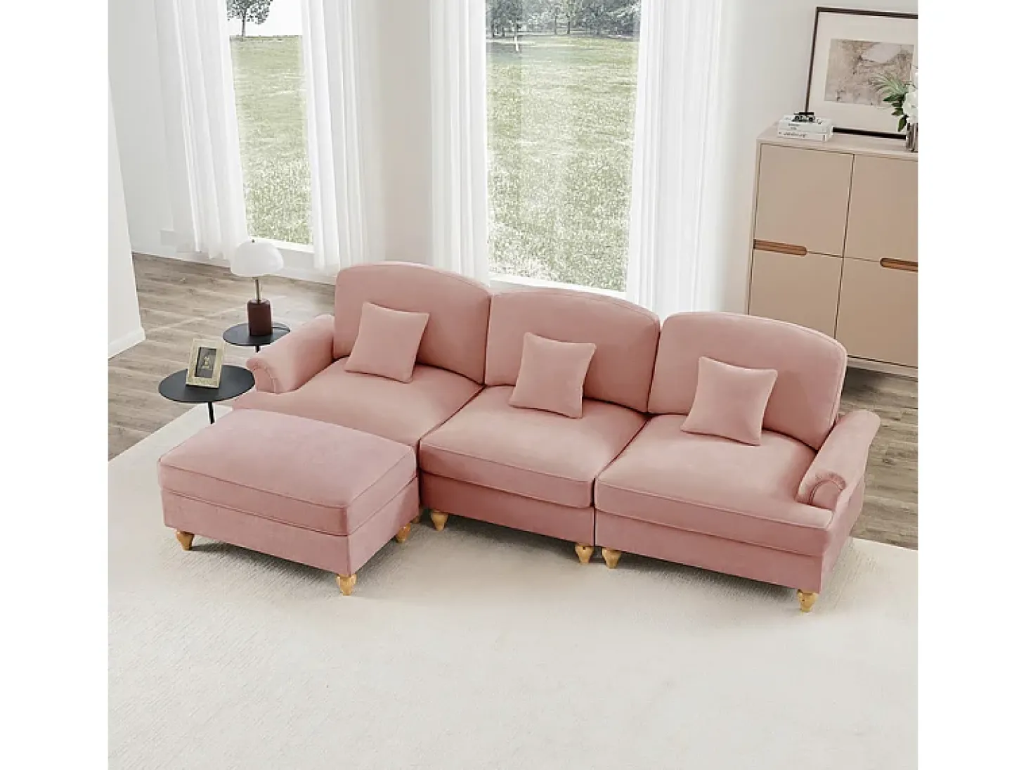 Sofá Cantinho Modular 3 Lugares Chenille - Capa Removível e Puf Móvel - 272x140x93cm - Rosa