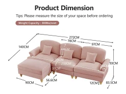Sofá Cantinho Modular 3 Lugares Chenille - Capa Removível e Puf Móvel - 272x140x93cm - Rosa