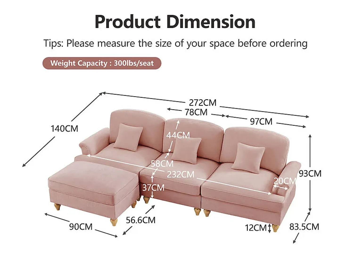 Sofá Cantinho Modular 3 Lugares Chenille - Capa Removível e Puf Móvel - 272x140x93cm - Rosa