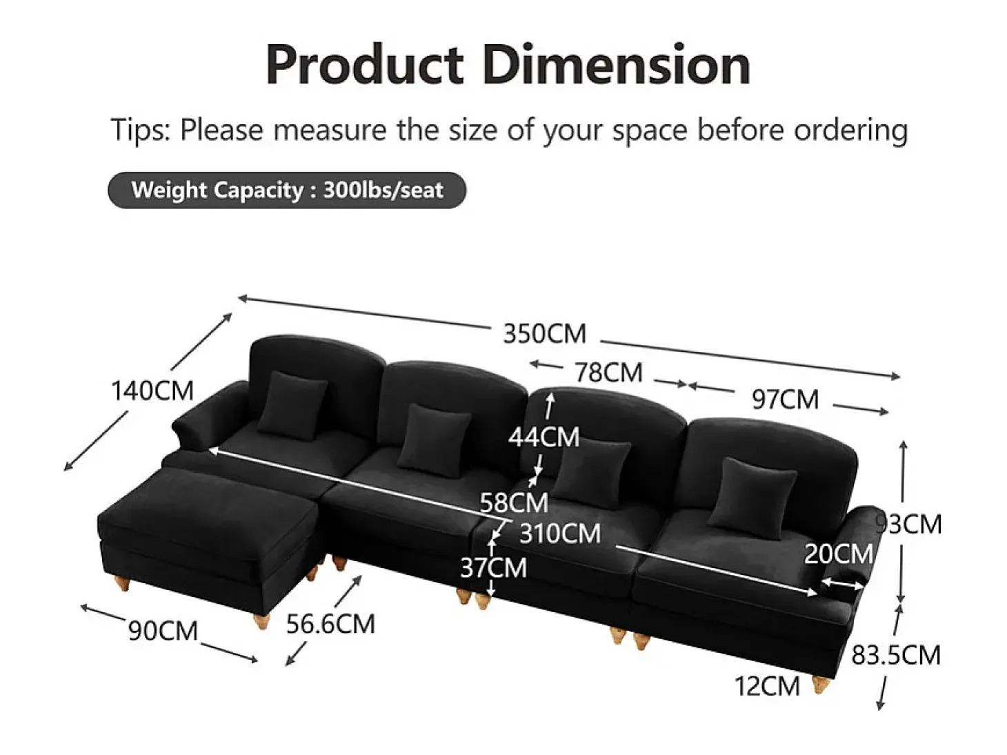 Sofá Cantinho Modular 4 Lugares em L - Chenille - Capa Removível e Puf - 350x140x93cm - Preto