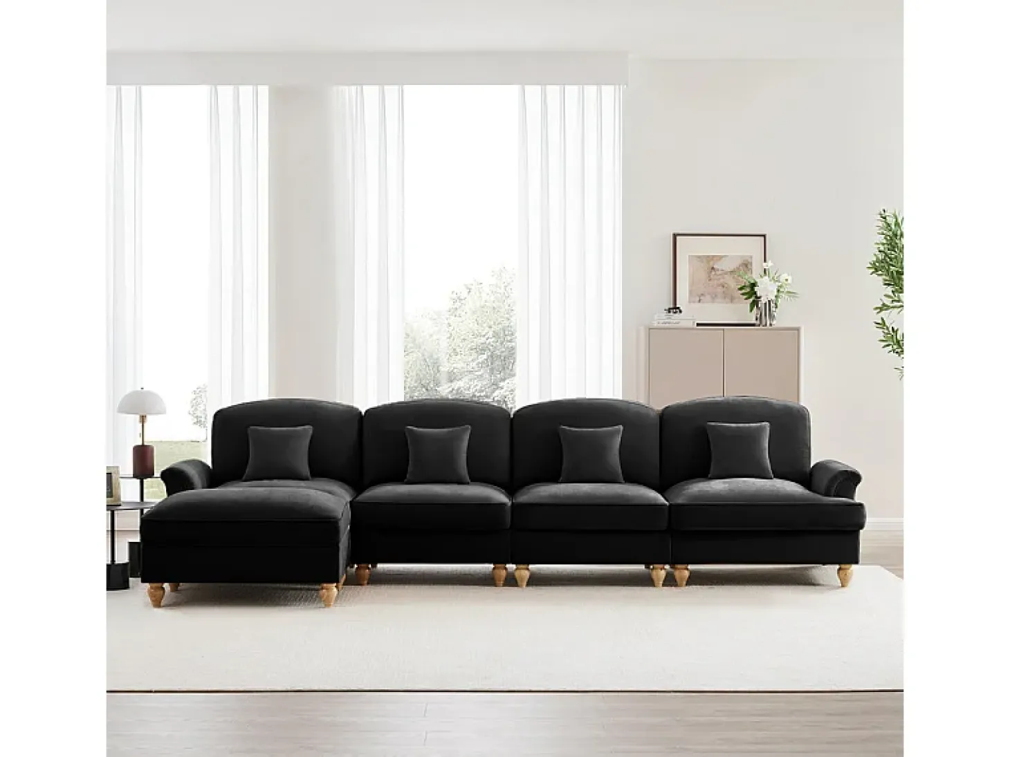 Sofá Cantinho Modular 4 Lugares em L - Chenille - Capa Removível e Puf - 350x140x93cm - Preto