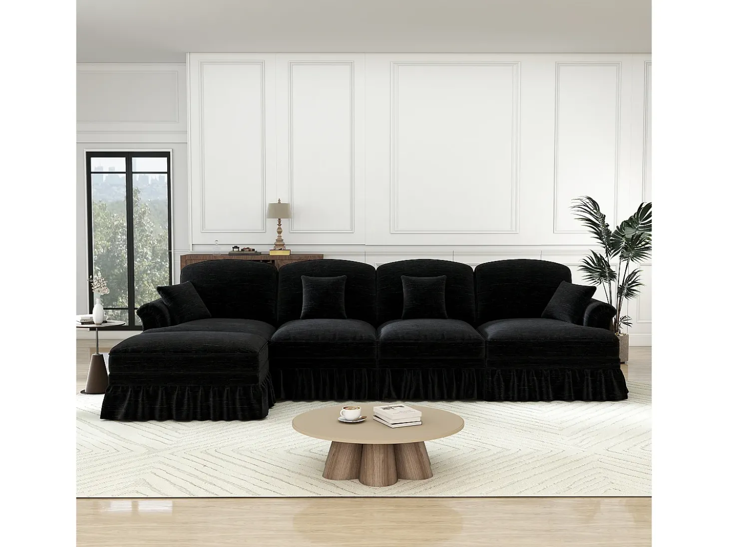 Sofá Cantinho Modular 4 Lugares em L - Chenille - Capa Removível e Puf - 350x140x93cm - Preto