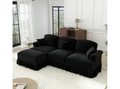 Sofá Cantinho Modular 3 Lugares Chenille - Capa Removível e Puf Móvel - 272x140x93cm - Preto
