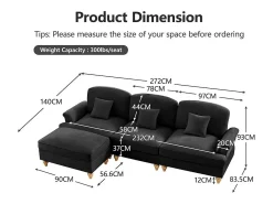 Sofá Cantinho Modular 3 Lugares Chenille - Capa Removível e Puf Móvel - 272x140x93cm - Preto