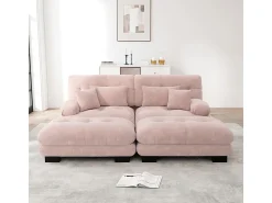 Sofá canto 2 lugares + 2 puff - com 4 almofadas - tecido pelúcia rosa - 220x145x81cm