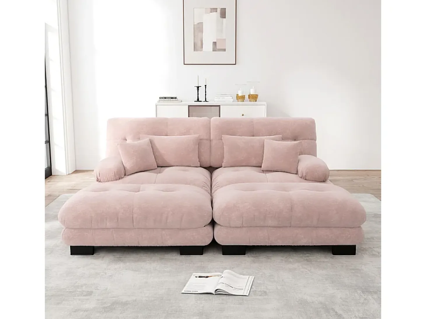 Sofá canto 2 lugares + 2 puff - com 4 almofadas - tecido pelúcia rosa - 220x145x81cm