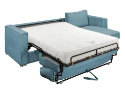 Sofá canto convert. abert. ráp. veludo canelado azul-turquesa cama 160cm esp. 18cm LORETO