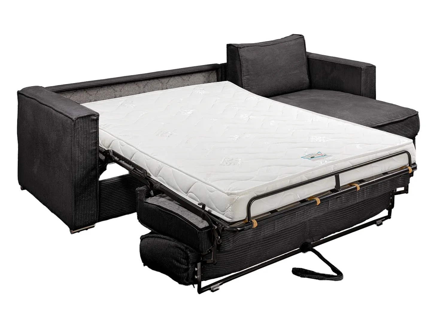Sofá canto convert. abert. ráp. veludo canel. cinza antracite cama 160cm esp. 14cm LORETO