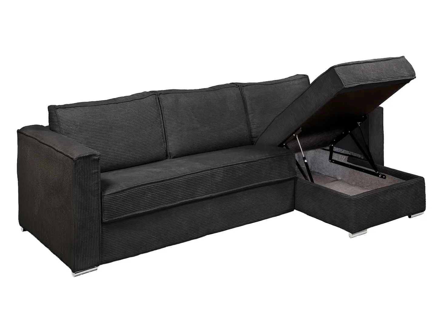 Sofá canto convert. abert. ráp. veludo canel. cinza antracite cama ripas largas 160cm 22cm