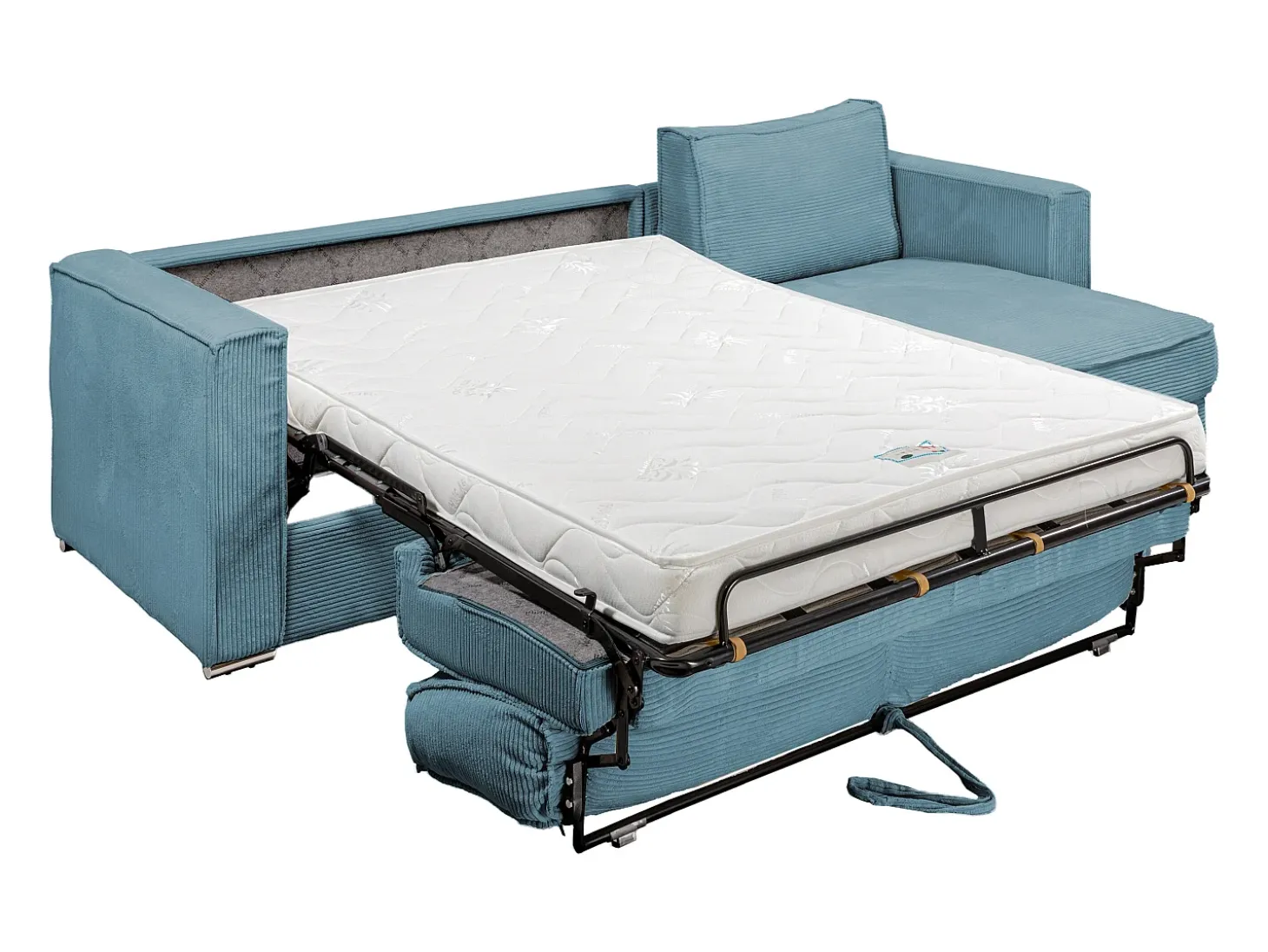Sofá canto convert. abert. rápida veludo canelado azul-turq. cama 140cm esp. 14 cm LORETO