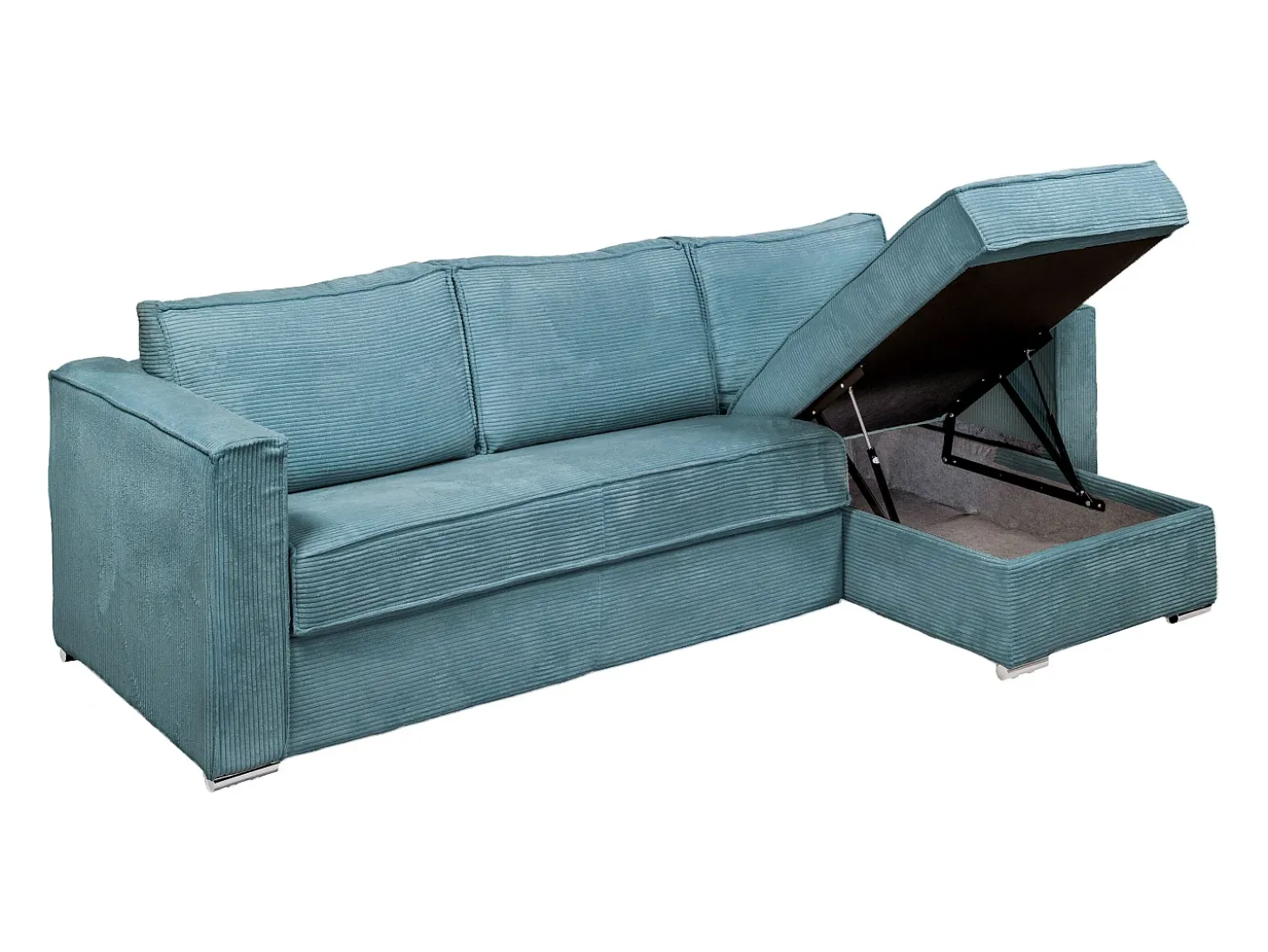 Sofá canto convert. abert. ráp. veludo canelado azul-turquesa cama ripas largas 160cm 18cm