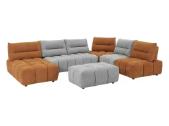 Sofá canto panorâmico modular e pufe encosto função avança-recua cinza e terracota APOLIU