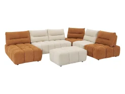 Sofá canto panorâmico modular e pufe encosto função avança-recua bege e terracota APOLIU