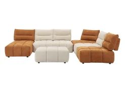 Sofá canto panorâmico modular e pufe encosto função avança-recua bege e terracota APOLIU
