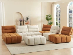 Sofá canto panorâmico modular e pufe encosto função avança-recua bege e terracota APOLIU