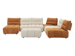 Sofá canto panorâmico modular e pufe encosto função avança-recua bege e terracota APOLIU